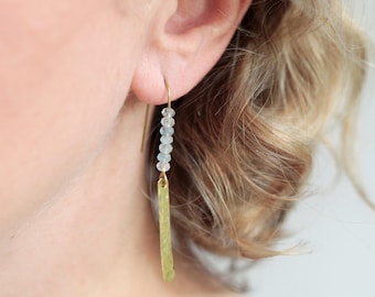 Long Aquamarine Dangle Earrings with Hammered Brass Pendants, Shoulder Duster Gemstone Earring, Blue Stone Jewelry