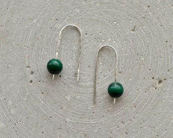 Minimalist Sterling Silver Malachite Arc Earrings, Gemstone Drop Earring, Gift for Sister, Green Natural Stone Jewelry