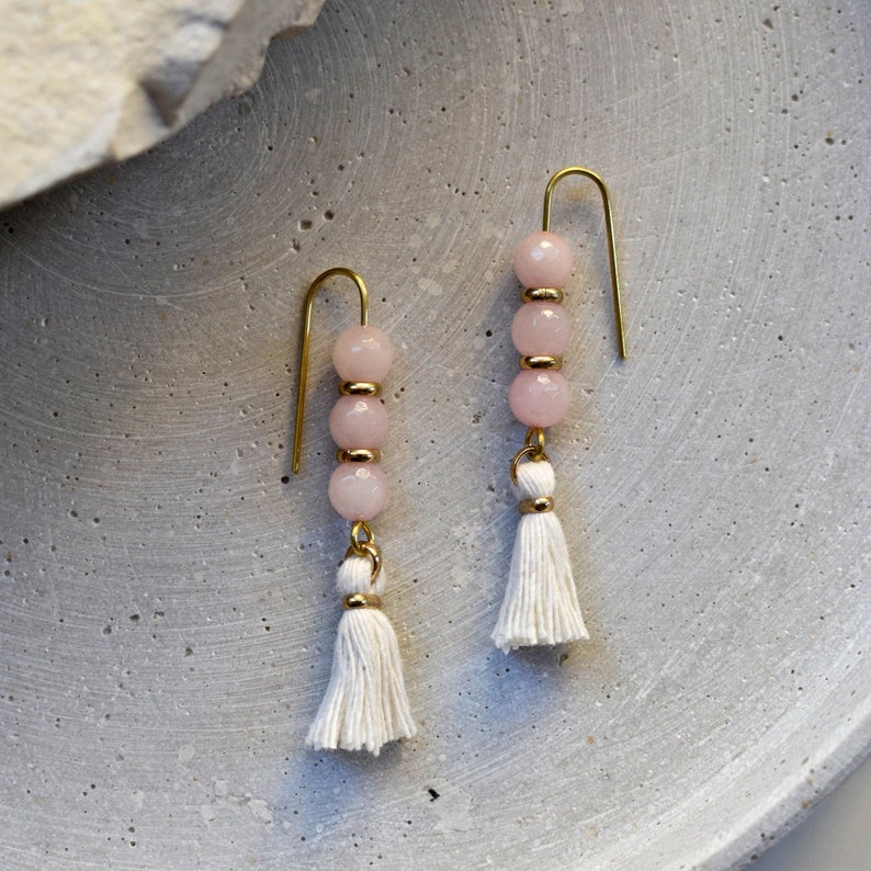 Rose Quartz Earrings with White Tassels, Natural Stone Jewelry, Shoulder Dusters Rose quartz