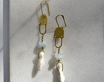 Boucles d’oreilles longues en nacre et morganite chandelier, boucles d’oreilles vintage Gemstone Cluster Dangle