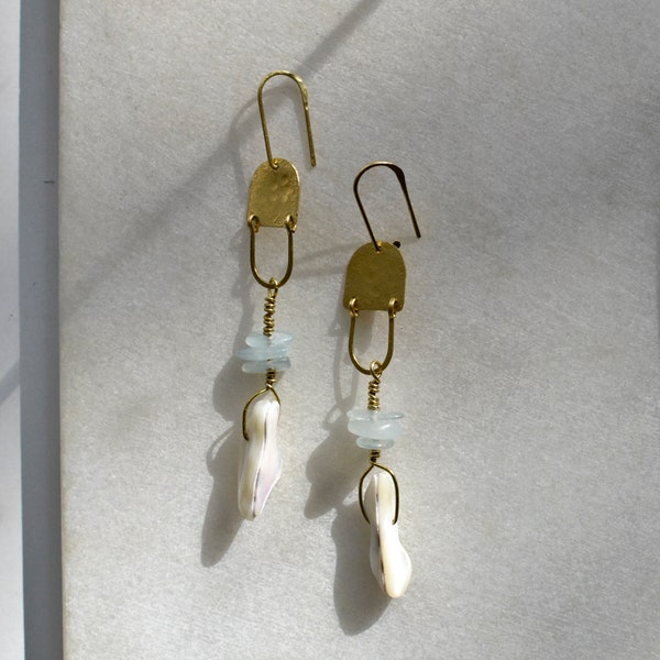 Long Freshwater Shell and Morganite Chandelier Earrings, Vintage Beads Cluster Dangle Earring