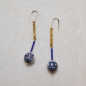 Long Delft Blue Tulips Dangle Earrings, Ceramic Beads Jewelry