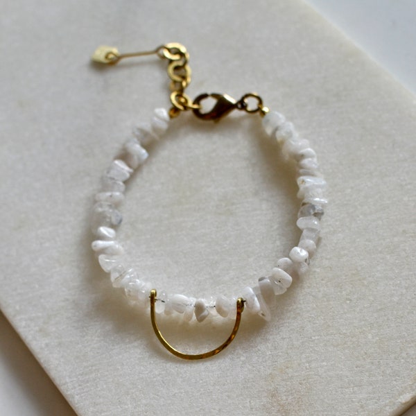 Moonstone Nuggets Bracelet, White Gemstone Jewelry, Hammerd Brass Charm and Raw Stones