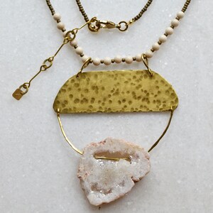 OOAK Statement Necklace with Lare Brass and Crystal Pendant, Fossil Beads and Glass Chain, Gift for Hippie Girl image 3