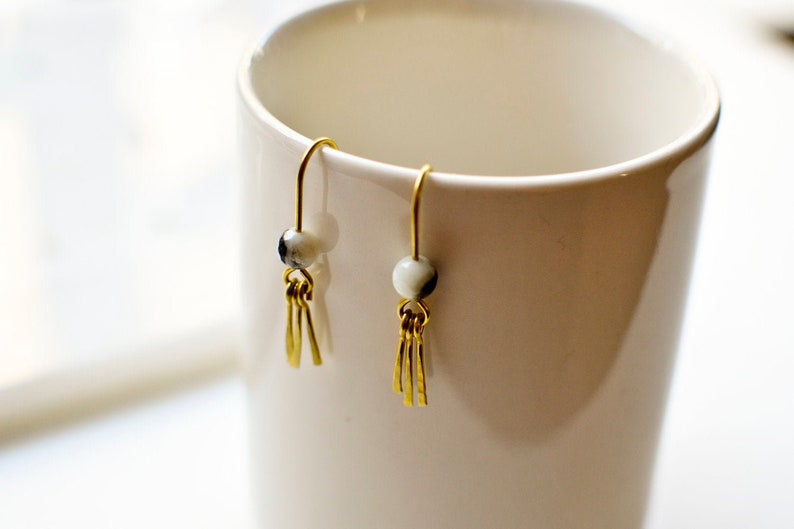 Natural Stone Earrings, Beaded Brass Fringe Earrings, Lapis Lazuli, Moonstone, Amazonite image 1