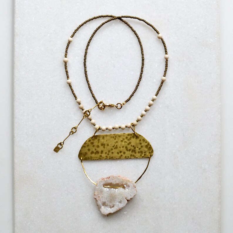 OOAK Statement Necklace with Lare Brass and Crystal Pendant, Fossil Beads and Glass Chain, Gift for Hippie Girl image 1