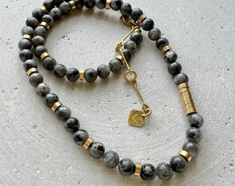 Unisex Labradorite Necklace, Beaded Minimalist Gemstone Necklace with Brass Discs, Gift for Him