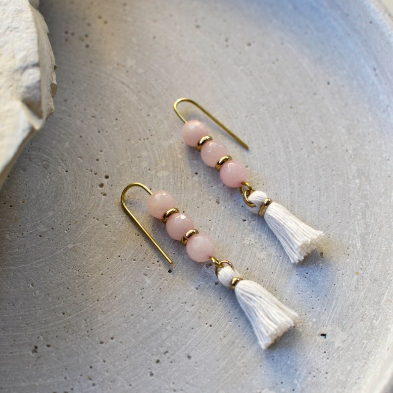 Rose Quartz Earrings with White Tassels, Natural Stone Jewelry, Shoulder Dusters image 8