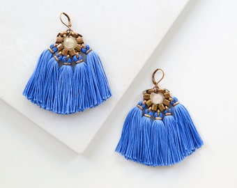 Large Cobalt Blue Boho Chandelier Earrings, Bright Blue Tassel Earrings with Rose Quartz Bead