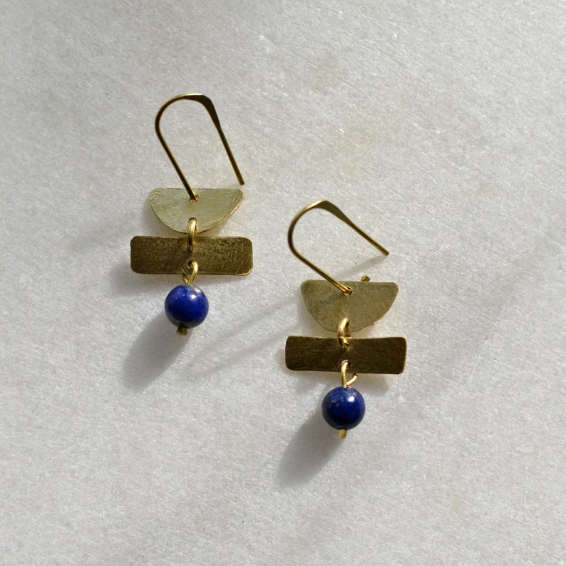 Geometric Dangle Earrings with Gemstone Bead, Minimalist Brass Jewelry, Shapes Earring image 4