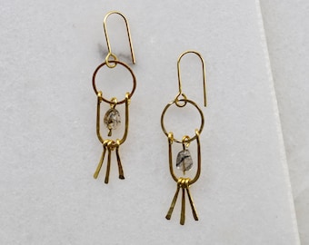 Rutilated Quartz and Hammered Brass Earrings, Tassel Earring with Rock Crystal