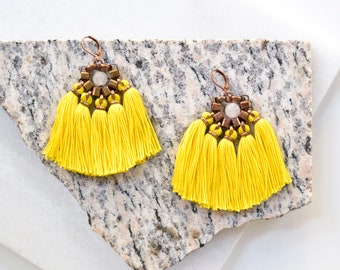 Yellow Tassel Earrings, Sunflower Fan Earrings, Boho Fringe Earrings, Chunky Hippie Earrings, Large Earrings, Shoulder Duster Earrings