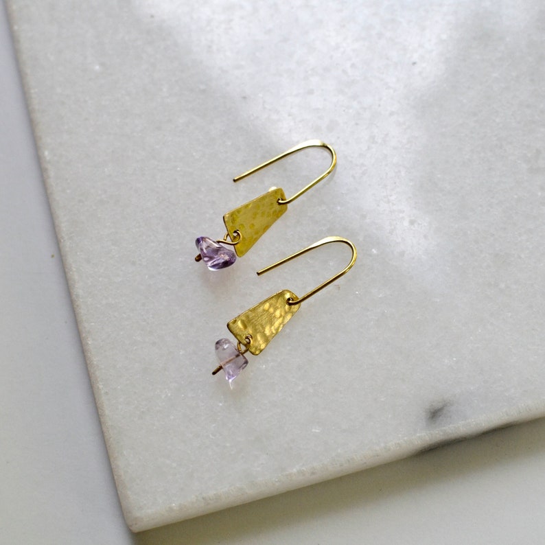 Amethyst Dangle Earrings, Hammered Brass Earrings with Upcycled Gemstone, Slow Fashion image 1
