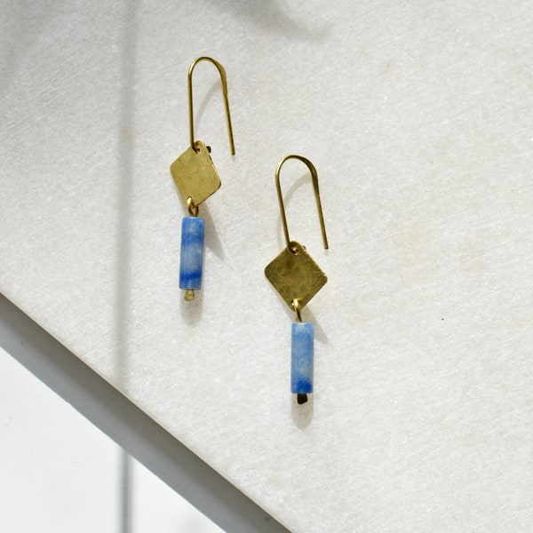 Small Gemstone Dangle Earrings with Aventurine Tube and Hammered Brass Square