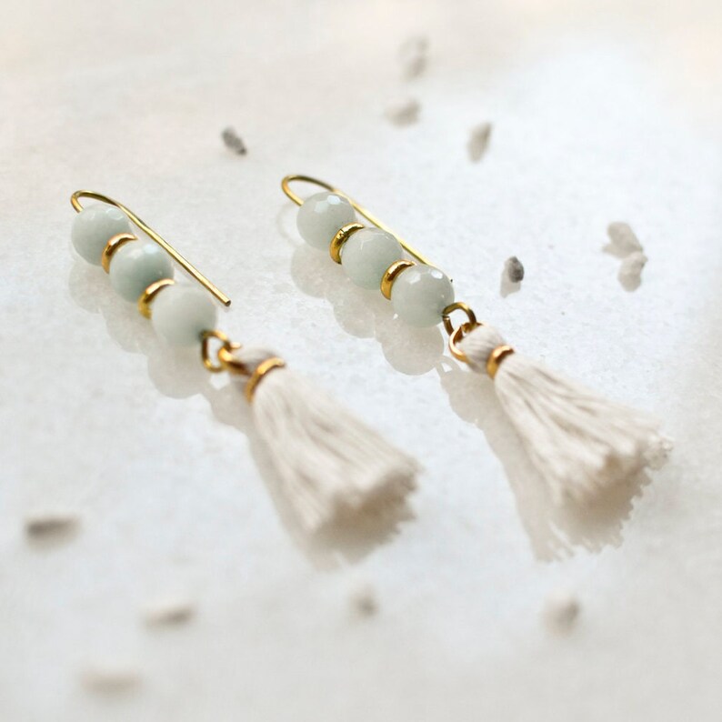 Rose Quartz Earrings with White Tassels, Natural Stone Jewelry, Shoulder Dusters image 6