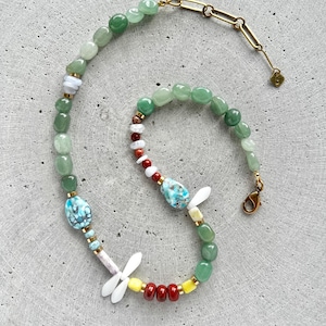 Mixed Gemstone Necklace with Vintage Glass Beads, Jasper, Green Aventurine, Jade and Agate image 1