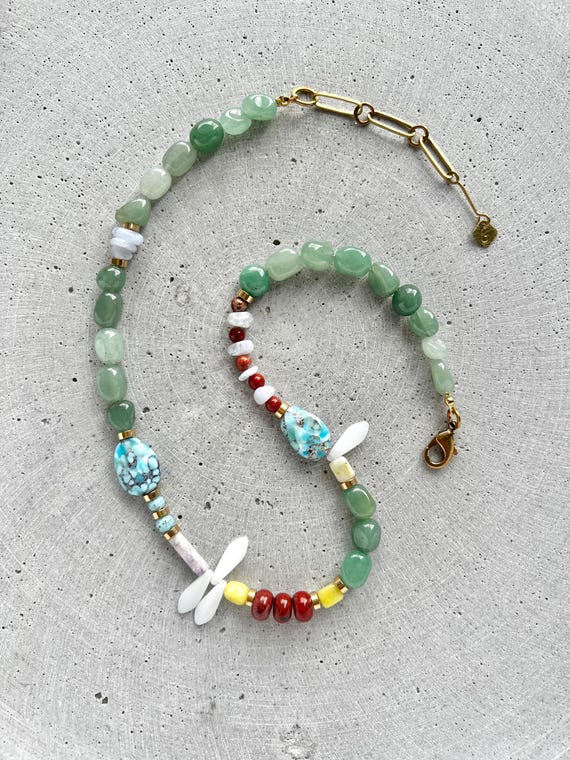 Gemischte Schmuckstein Statement Halskette, mit türkisen Vintage Glasperlen, Jaspis, Aventurin, Jade und Achat Steinen