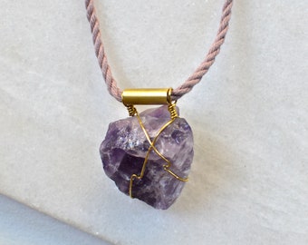 Amethyst Necklace with Mauve Cotton Cord, Natural Stone and Brass, Rope necklace, OOAK