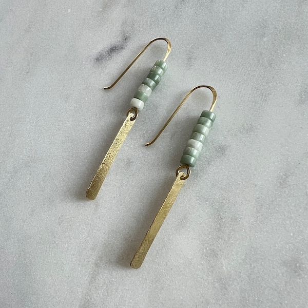 Long Shoulder Duster Earrings with Jade Disc Beads and Hammered Brass Pendants, Minimalist Jewelry