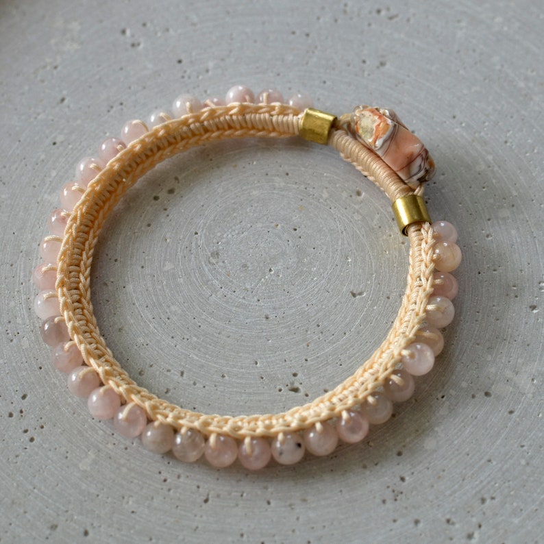 Beaded Rose Quartz Bangle, Pink Crochet Cuff Bracelet with Botswana Agate, Gift for Mother image 2