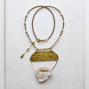 OOAK Statement Necklace with Lare Brass and Crystal Pendant, Fossil Beads and Glass Chain, Gift for Hippie Girl image 9
