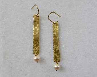 Long Geometric Brass Earrings with Fresh Water Pearls, Abstract Jewelry