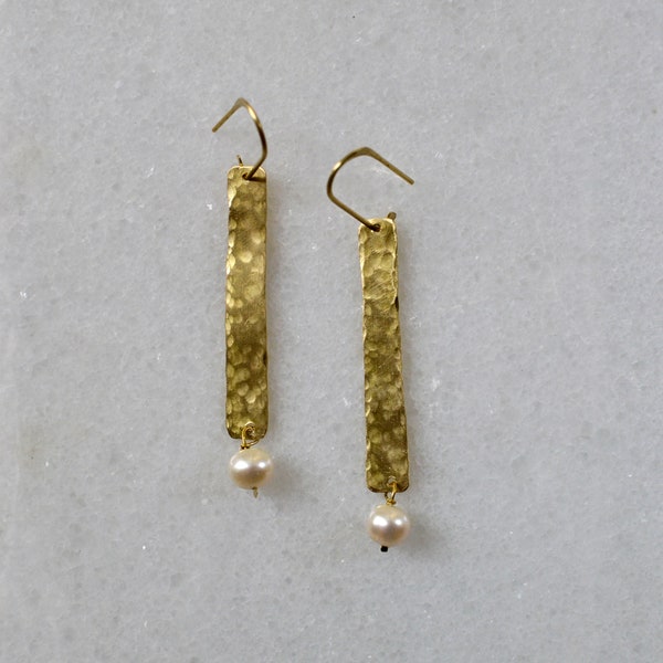 Long Geometric Brass Earrings with Fresh Water Pearls, Abstract Jewelry