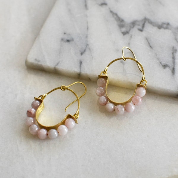 Rose Quartz Statement Earrings, Gemstone Hoops, Natural Stone Chandeliers