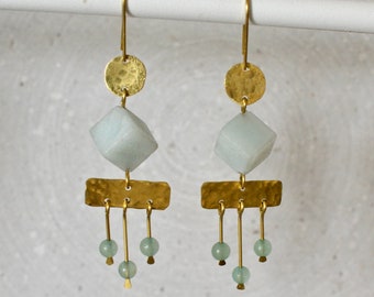 Amazonite Cube Earrings, Statement Chandelier with Aventurin Beads and Hammered Brass, Mobilee Dangle Earring