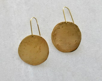 Large Moon Disc Earrings, Hammered Circle Dangle Earring, Minimalist Brass Jewelry
