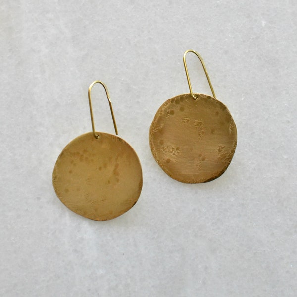 Large Moon Disc Earrings, Hammered Circle Dangle Earring, Minimalist Brass Jewelry