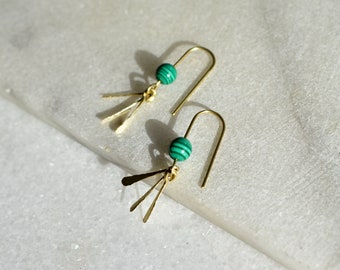 Malachite Dangle Earrings with Brass Fringe, Small Handmade Gemstone Jewelry