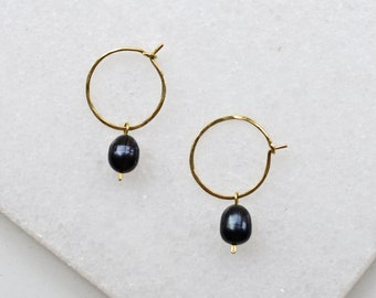 Dark Blue Freshwater Pearl Creole Earrings, Hammered Brass Huggies