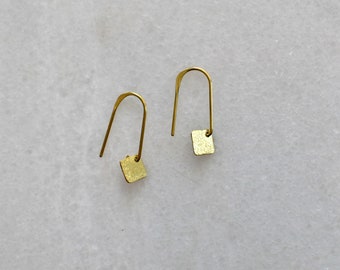 Tiny Square Earrings, Hammered Brass Dangle Earring, Minimalist Jewelry