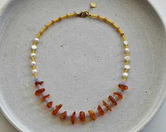 Bernstein und Süßwasserperlen Collier, Gemischte Bunte Perlenkette, Vintage Perlen Schmuck