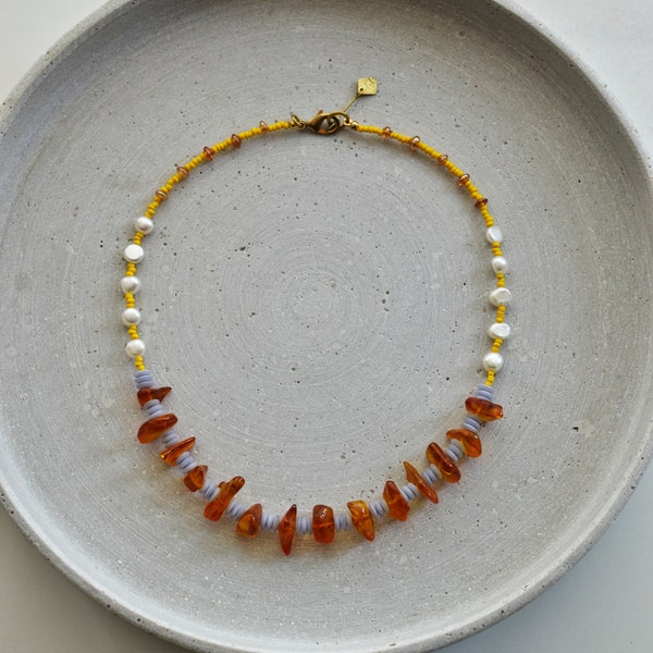 Amber and Freshwater Pearls Necklace, Mixed Colorful Pearls Necklace, Vintage Pearls Jewelry