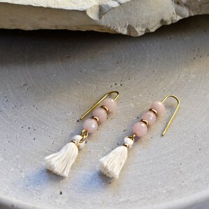 Rose Quartz Earrings with White Tassels, Natural Stone Jewelry, Shoulder Dusters image 2