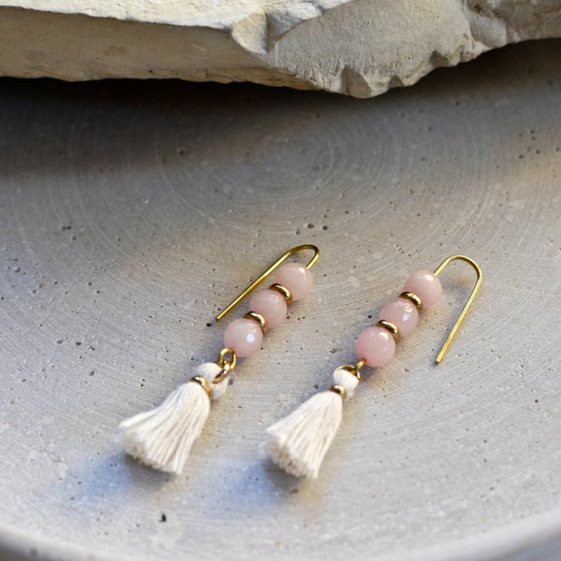 Rose Quartz Earrings with White Tassels, Natural Stone Jewelry, Shoulder Dusters image 2