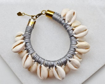 Cowrie Shell Statement Bracelet, Crochet Seashell Cuff, White Boho Jewelry