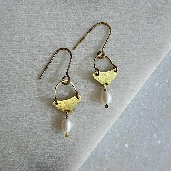 Freshwater Pearl Earrings, Minimalist Brass Chandelier, Handmade Bridesmaid Pearl Jewelry