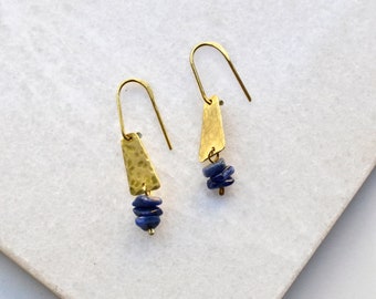 Small brass earrings with sodalite, upcycling jewelry, hand hammered brass earrings