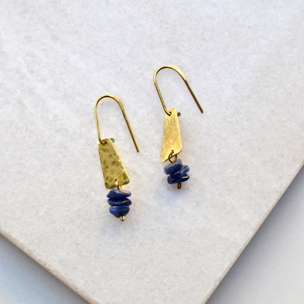 Small brass earrings with sodalite, upcycling jewelry, hand hammered brass earrings