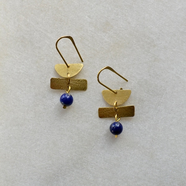 Geometric Dangle Earrings with Gemstone Bead, Minimalist Brass Jewelry, Shapes Earring