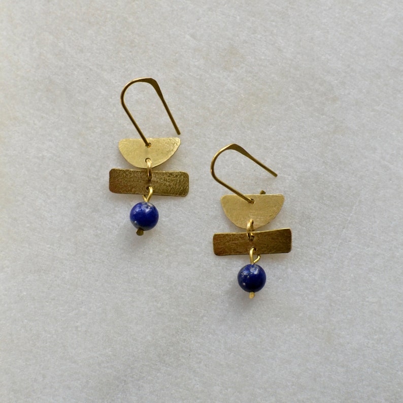 Geometric Dangle Earrings with Gemstone Bead, Minimalist Brass Jewelry, Shapes Earring image 1