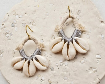 Cowrie Shell Statement Earrings, Crochet Chandelier Earrings, Boho Seashell Jewelry
