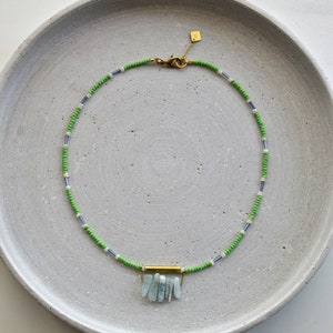 Aquamarine Necklace with Vintage Glass Beads, Green Necklace with Gemstone Pendant and Shell Discs image 4