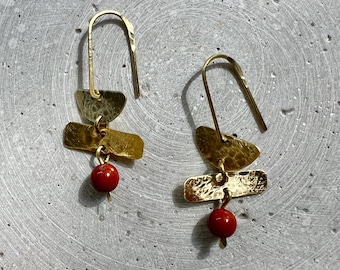 Geometric Dangle Earrings with Rust Red Natural Stone, Beaded Jasper Earrings, Handmade Brass Dangle Earring