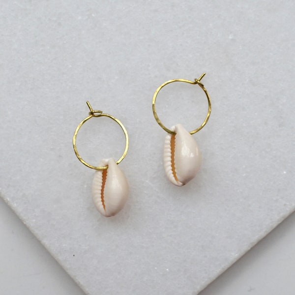 Cowrie Shell Hoop Earrings, Seashell Creoles, Maritime Jewelry