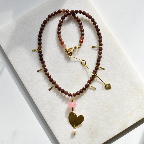 Perlenkette mit Herz Anhänger, Aventurin Kette mit Vintage Erdbeer Quarz und Süßwasserperle, Geschenk zum Hochzeitstag