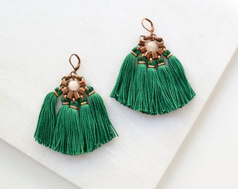 Dark Green Tassel Earrings with Rose Quartz Bead, Large Boho Chandelier Earrings